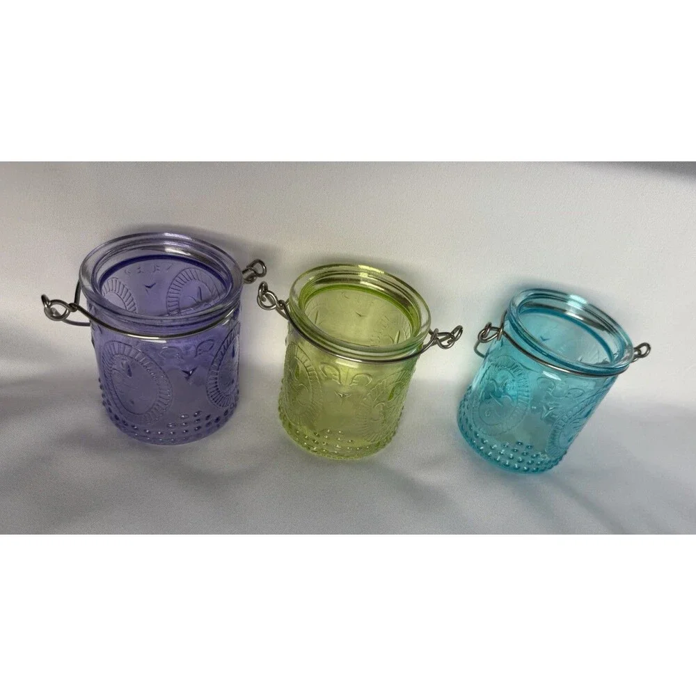 Yankee Candle French Glass 3 Piece Tea light Votive Holders Purple Blue Green